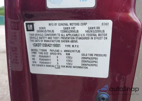 2004 GMC Envoy Sle z USA, uszkodzony, nr VIN 1GKDT13S642118001